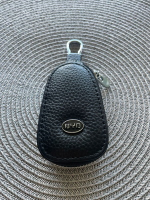 Car Key Case BYD new, premium black leather with metal carabiner