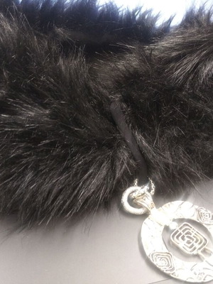 Fur neck warmer like new with metal jewelry, black and silver