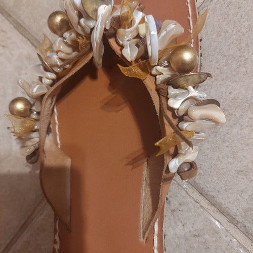 Leather sandals handmade, like new, size 39, decorated with shells and pearls