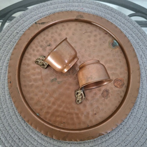 Copper hammered tray with glasses, used, 1960s