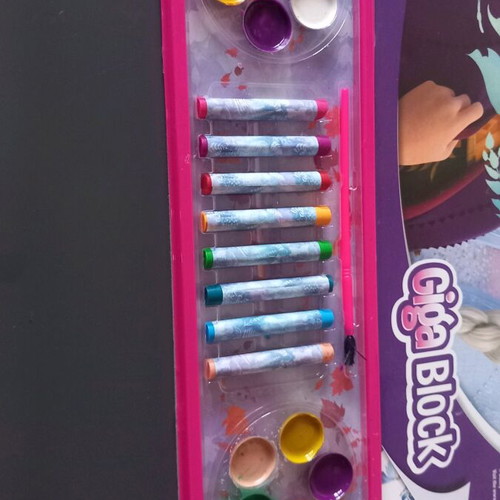 Large painting pad with watercolors and crayons used, Frozen theme