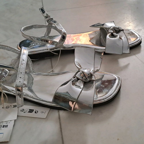 Zara silver mirrored sandals with bow new, size 38