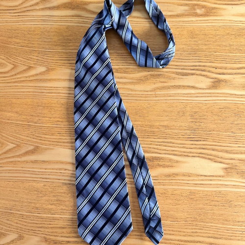 Sheng Kai silk tie, blue and grey striped, hand made