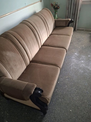 '80s sofa set used, mahogany and velvet with couch, armchairs, and tables