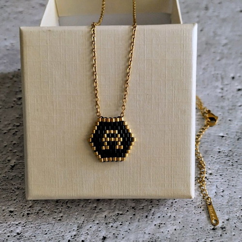 Steel monogram necklace made to order with miyuki beads black and gold