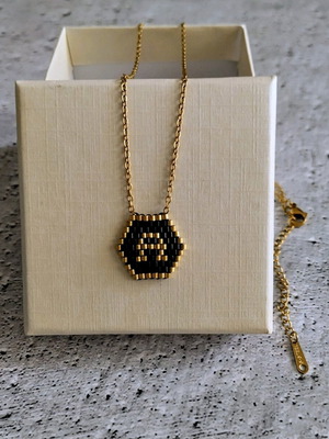 Steel monogram necklace made to order with miyuki beads black and gold
