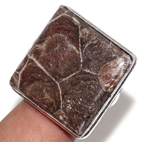 Ring with rare fossil coral silver plated, size USA 9