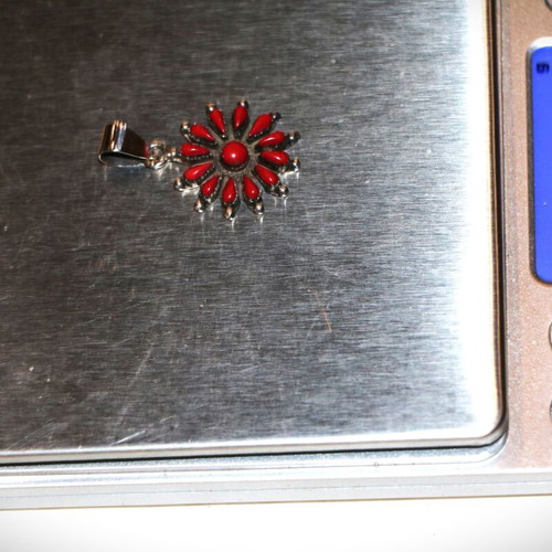 Pendant necklace with raw red coral and 925 sterling silver Navajo Indian