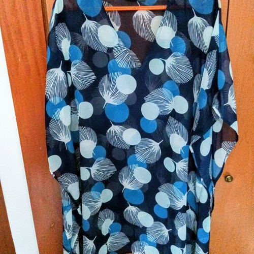 Bonprix chiffon tunic blue with turquoise and blue circles and feathers, size 44/46