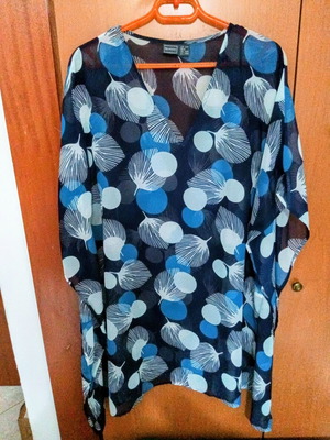 Bonprix chiffon tunic blue with turquoise and blue circles and feathers, size 44/46