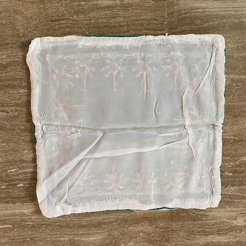 Vintage embroidery set used, green canvas square with three napkins