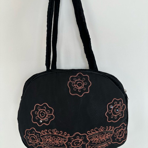 Velvet shoulder bag new, black with embroidery and zipper