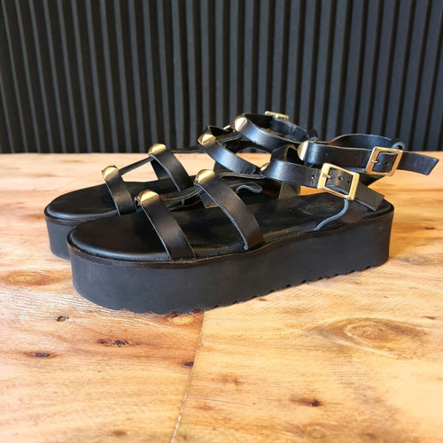 Sante leather platform sandals used, black with gold details, size 38