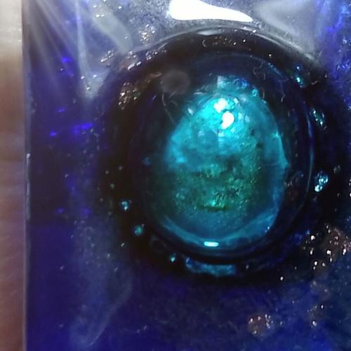 Handmade glass ring in blue and green with gold flakes, new, adjustable