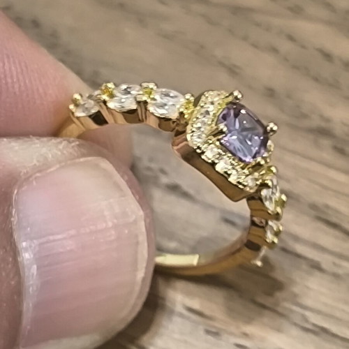 Gold ring with purple square zircon and white stones, adjustable