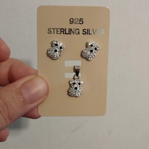 Sterling Silver 925 Bear Jewelry Set with Earrings and Pendant