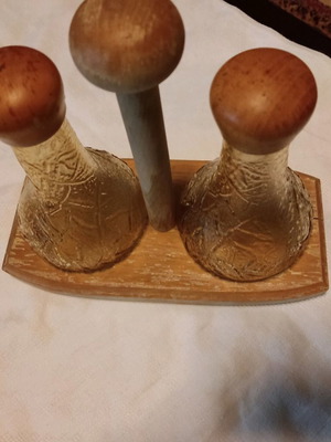 Oil and vinegar set with wooden base used