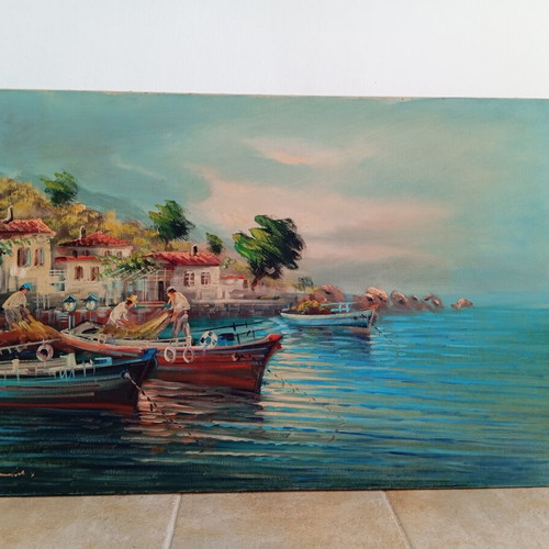 Oil Painting on Canvas by Nikos Papadopoulos, Like New, Island Theme