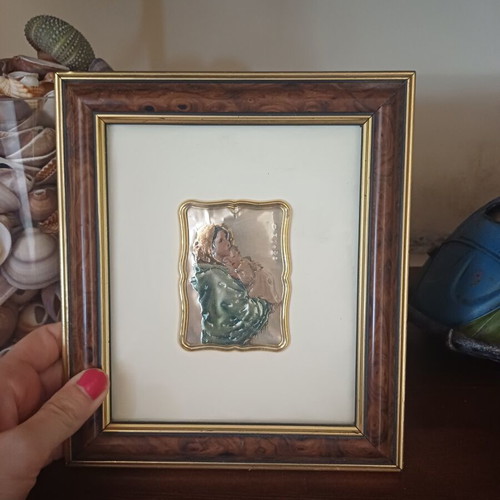 Italian Silver Virgin Mary Icon Ferruzzi 925 Silver with Handmade Wooden Frame