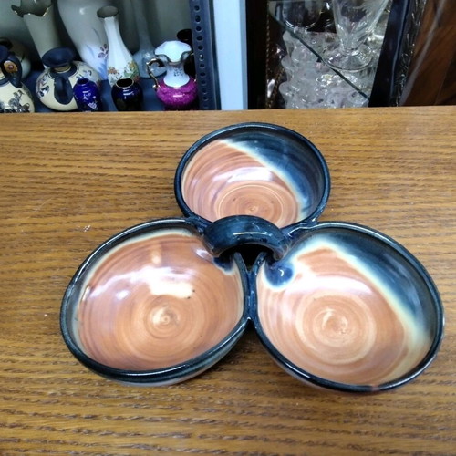 Clay Tabletop Nut Bowl with 3 Compartments and Handle like new