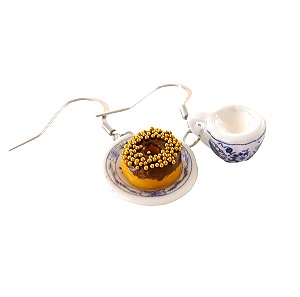 Σκουλαρίκια πορσελάνινο σετ φλυτζάνι καφέ και πιάτο με donut με χρυσά sprinkles και σοκολάτα
