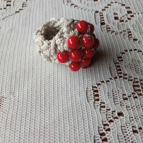 Handmade giant ring new, crocheted with elastic thread, white and red