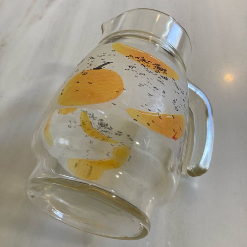 Large vintage glass jar decorated with yellow fruit and black bubbles like new