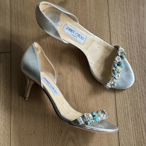 Jimmy Choo Lotus silver leather crystal shoes used size 38.5