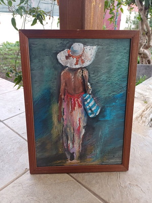 Painting Girl Silence of Summer used, pastel with wooden frame