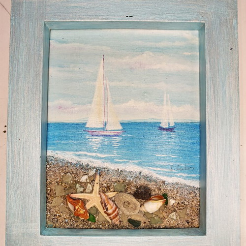 Embossed Painting I. Cabri 28x23 Sea Landscape with Frame and Stand new