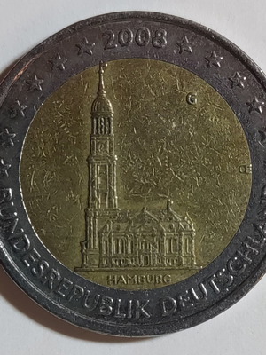Германия 2€ 2008 Хамбург монета за юбилейна колекция използвана