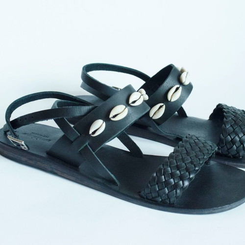 Urban Outfitters Black Leather Sandals new with shells and weaving size 39
