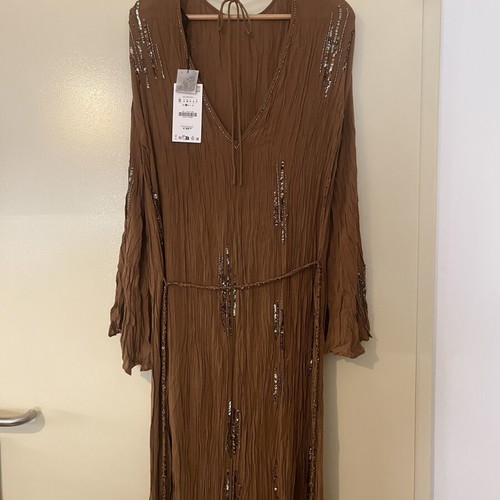 Zara limited edition brown dress with sequins size S new with tag