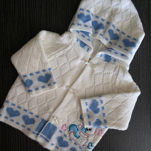 Baby knitted jacket with hood used, unisex, white and blue, 6-12 months