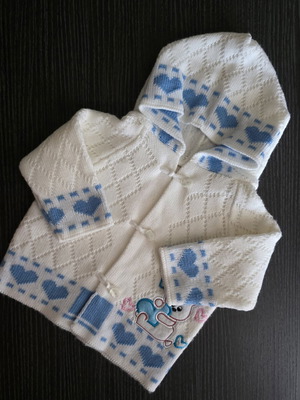 Baby knitted jacket with hood used, unisex, white and blue, 6-12 months