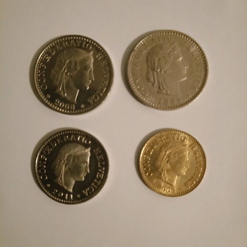 Swiss coins used, lot of four rappen from 1984 to 2011