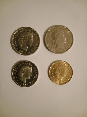 Swiss coins used, lot of 4 pieces