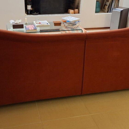 Three-Seater Sofa handmade with Beech Wood Frame, used, Bordeaux Alcantara Fabric