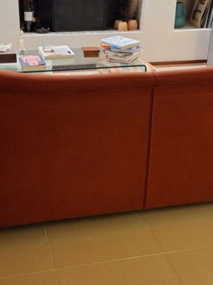 Three-Seater Sofa handmade with Beech Wood Frame, used, Bordeaux Alcantara Fabric