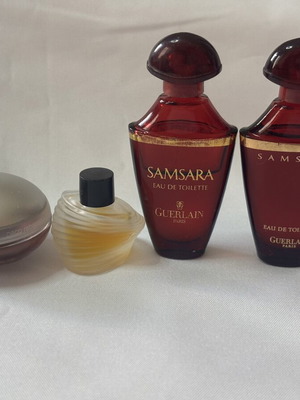 Mini perfume set used with Paco Rabanne Ultraviolet, Claude Montana, Guerlain Samsara