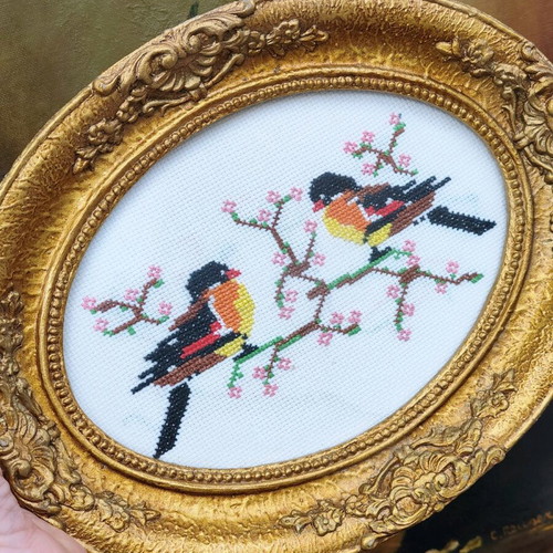 Vintage gobelin with birds used, golden baroque relief frame