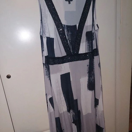 Long dress with sequins used, black and grey abstract pattern