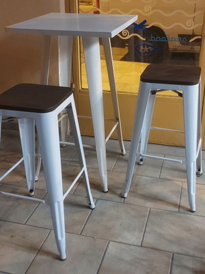 Set of 2 white stools with brown wooden top and 1 white stand used