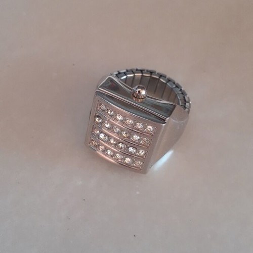 Vintage silver ring watch with rhinestones, decorative