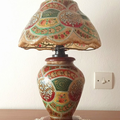 Vintage table lamp handmade from camel leather and wood, used