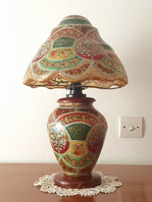 Vintage table lamp handmade from camel leather and wood, used