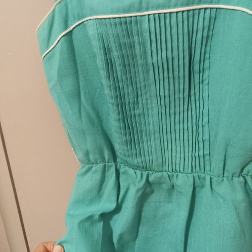 Vintage Teal Midi Dress with Pleats and White Details, Vinyl Art Clothing