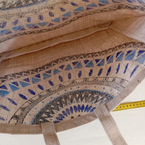Beach bag from jute new, beige and blue