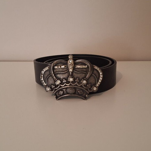 Vintage Genuine Leather Black Belt with Rhinestone Crown Buckle