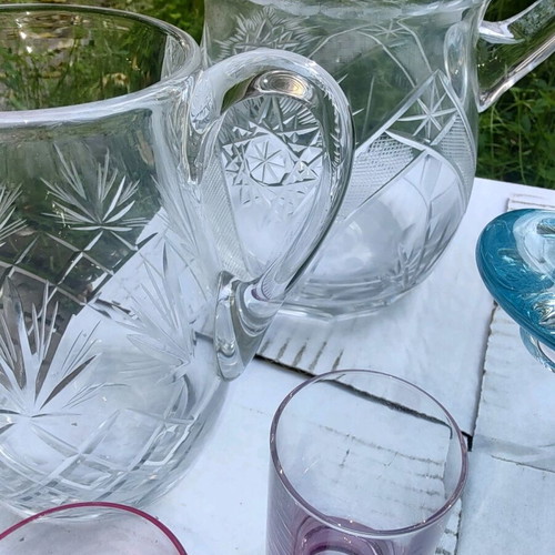 Handmade crystal set like new with 6 colored glasses and 2 pitchers